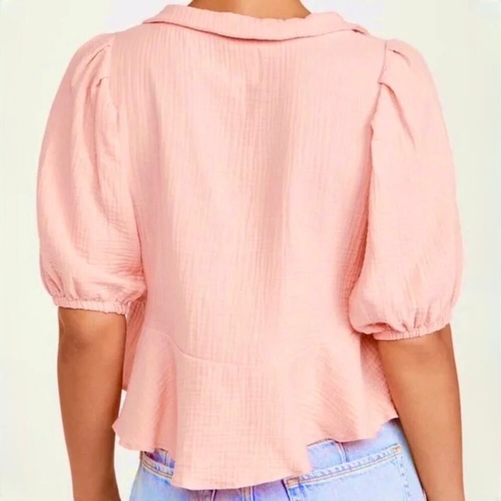 Tach Larina Embroidered Linen Cotton Top Puff Sleeve Peach Pink - Picture 7 of 16